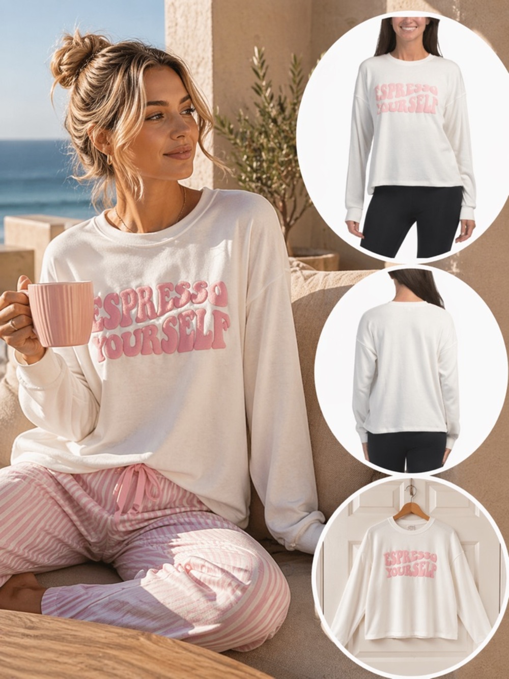 NWT PJ Salvage Cream Pullover with Pink Script Logo